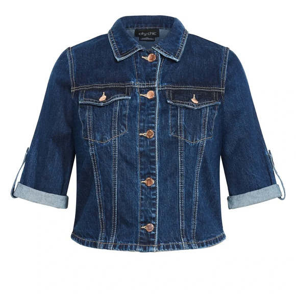 City Chic Denim Collared Crop Short Sleeve Jacket - dark denim Blue Jean Size 16 - Picture 10 of 11
